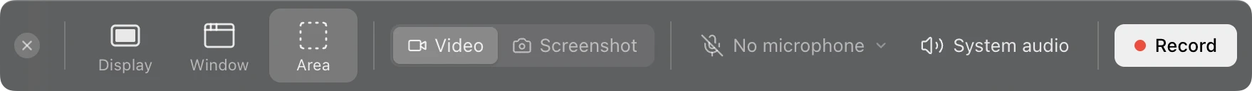 Siny capture bar: record a display, a window or an area, with or without system audio
