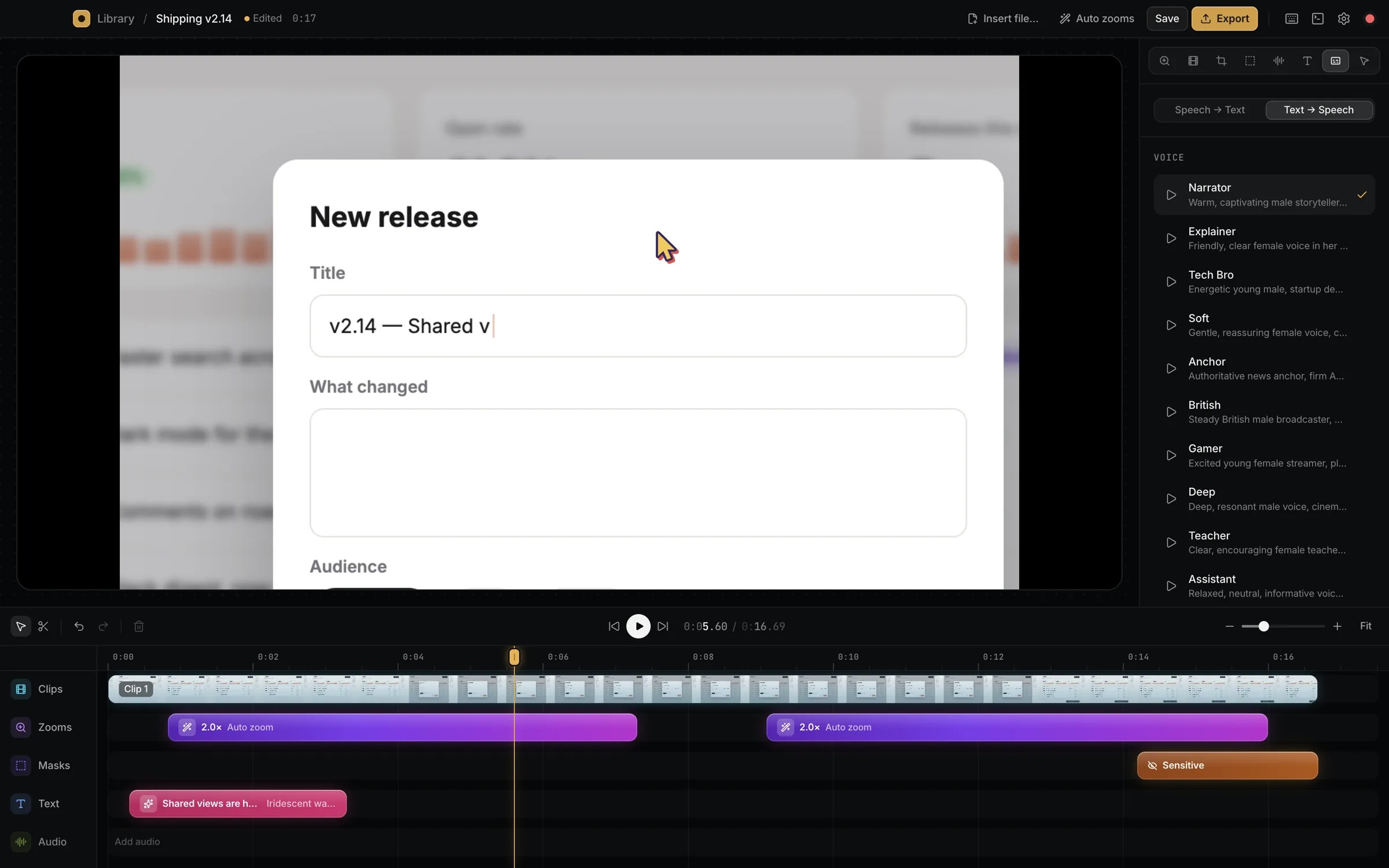 Text to speech panel with a list of voices